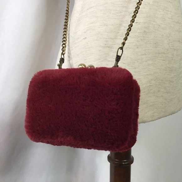 FAUX Fur Purse Cross Body Brass Chain Metal Box Frame Burgundy Red - Picture 2 of 11